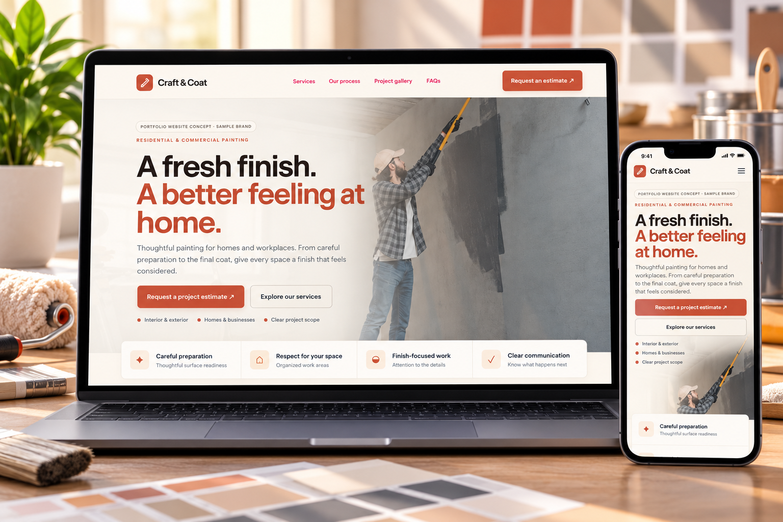 Painting finish detail featured in the Craft and Coat landing page concept