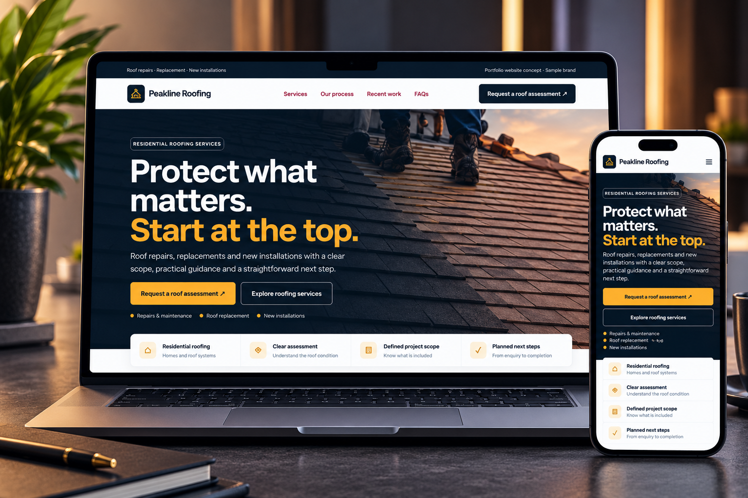 Roof installation team featured in the Peakline Roofing landing page concept